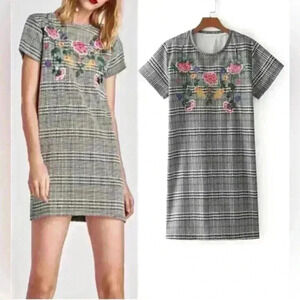 Zara Black and White Plaid Mini Dress with Pink Floral Accents